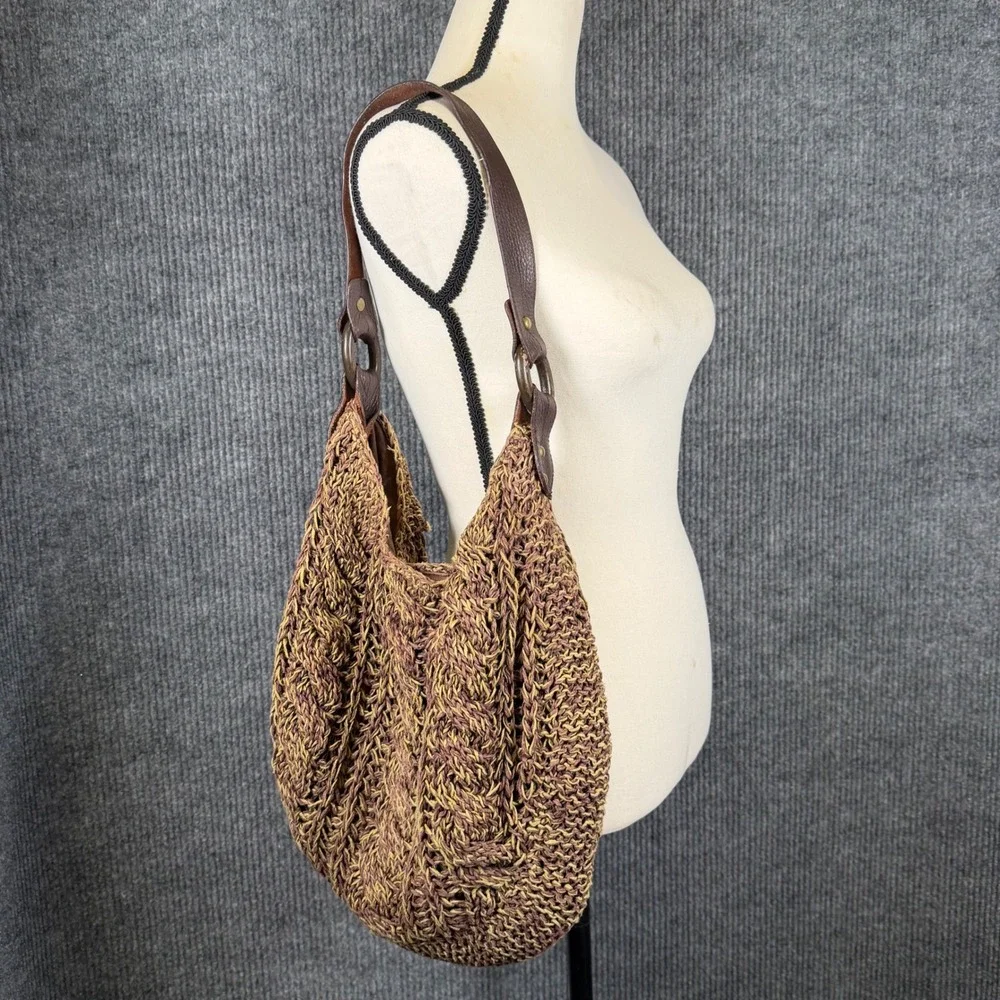 Vintage GAP 2001 Woven Raffia Hobo Bag Brown Leather Strap Textured Boho Earthy